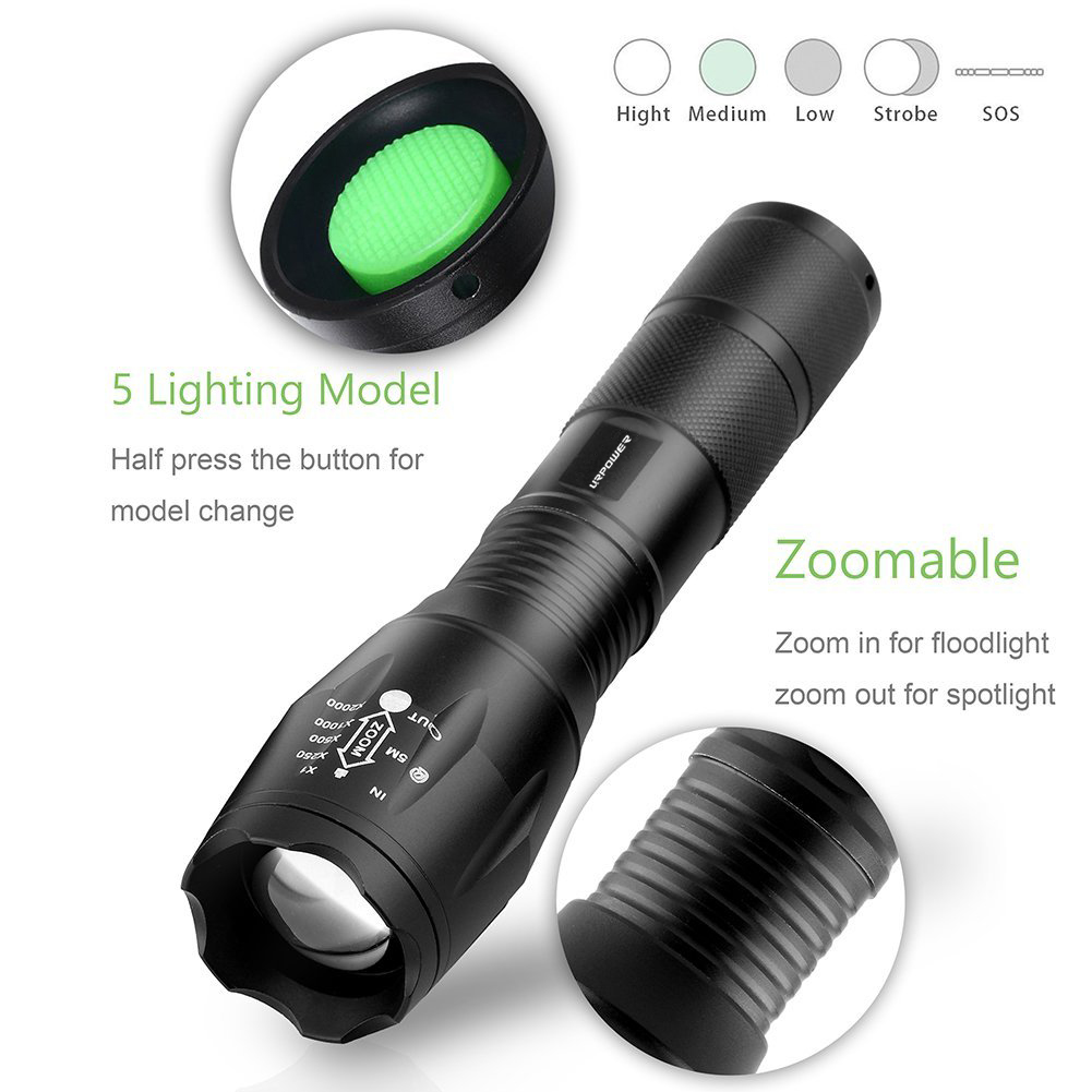 URPOWER Tactical Flashlight Super Bright CREE LED Flashlight Zoomable Tactical Flashlight Rainproof Lighting Lamp Torch -with Rechargeable 18650 2800mAh Battery -For Cycling Hiking Camping Emergency