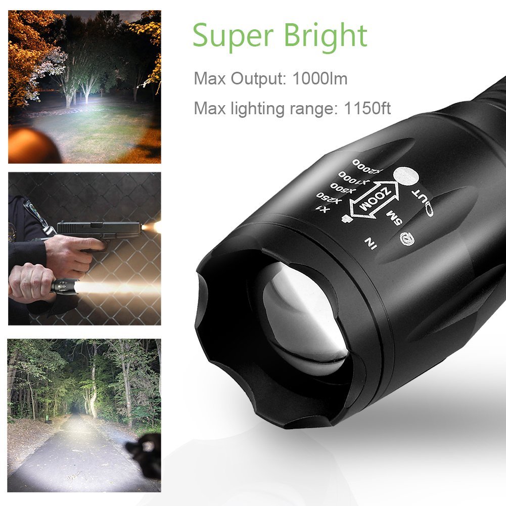 URPOWER Tactical Flashlight Super Bright CREE LED Flashlight Zoomable Tactical Flashlight Rainproof Lighting Lamp Torch -with Rechargeable 18650 2800mAh Battery -For Cycling Hiking Camping Emergency