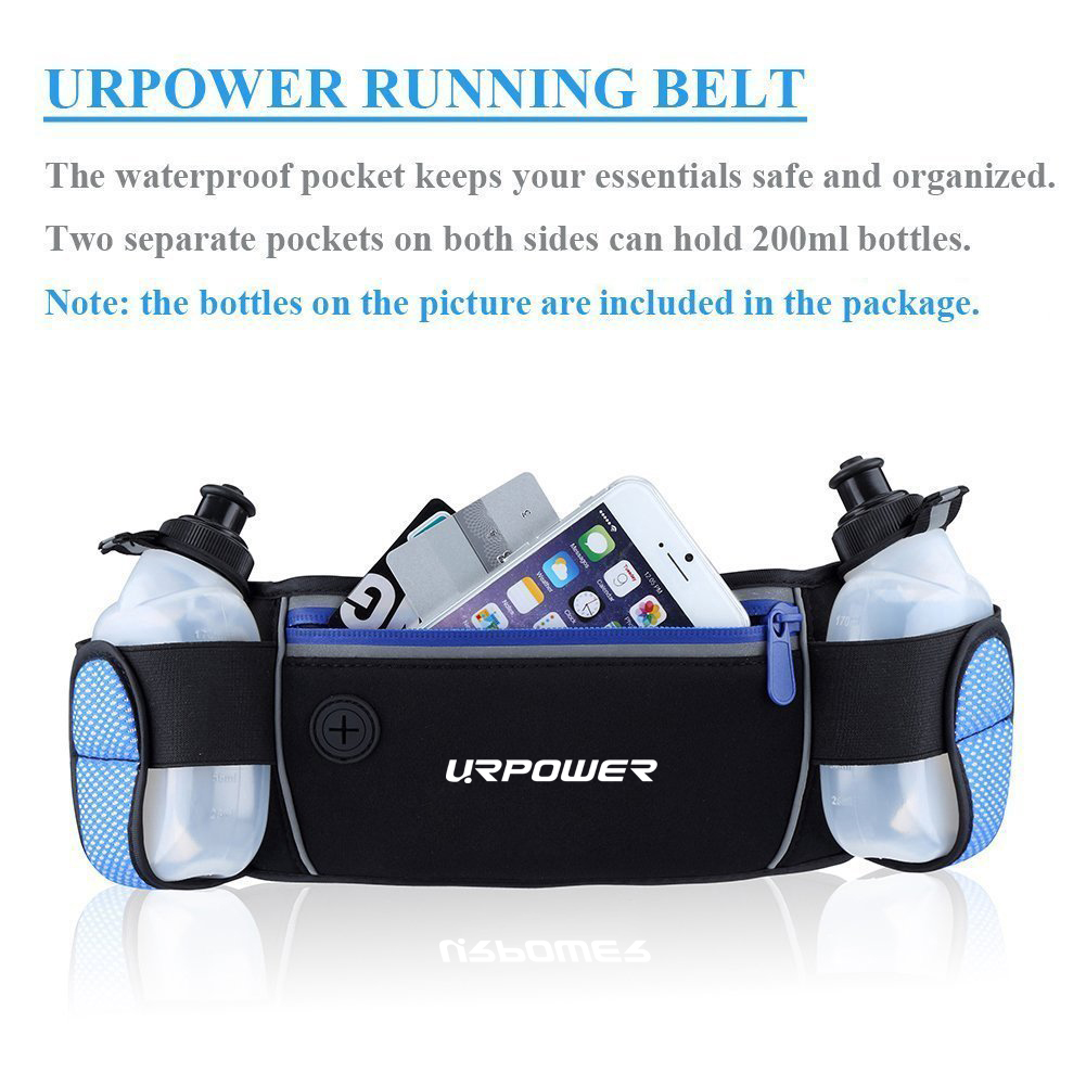 URPOWER Running Belt Multifunctional Zipper Pockets Water Resistant Waist Bag, With 2 Water Bottles Waist Pack for Running Hiking Cycling Climbing. And for iPhone, iPod, Samsung and Other Smartphones