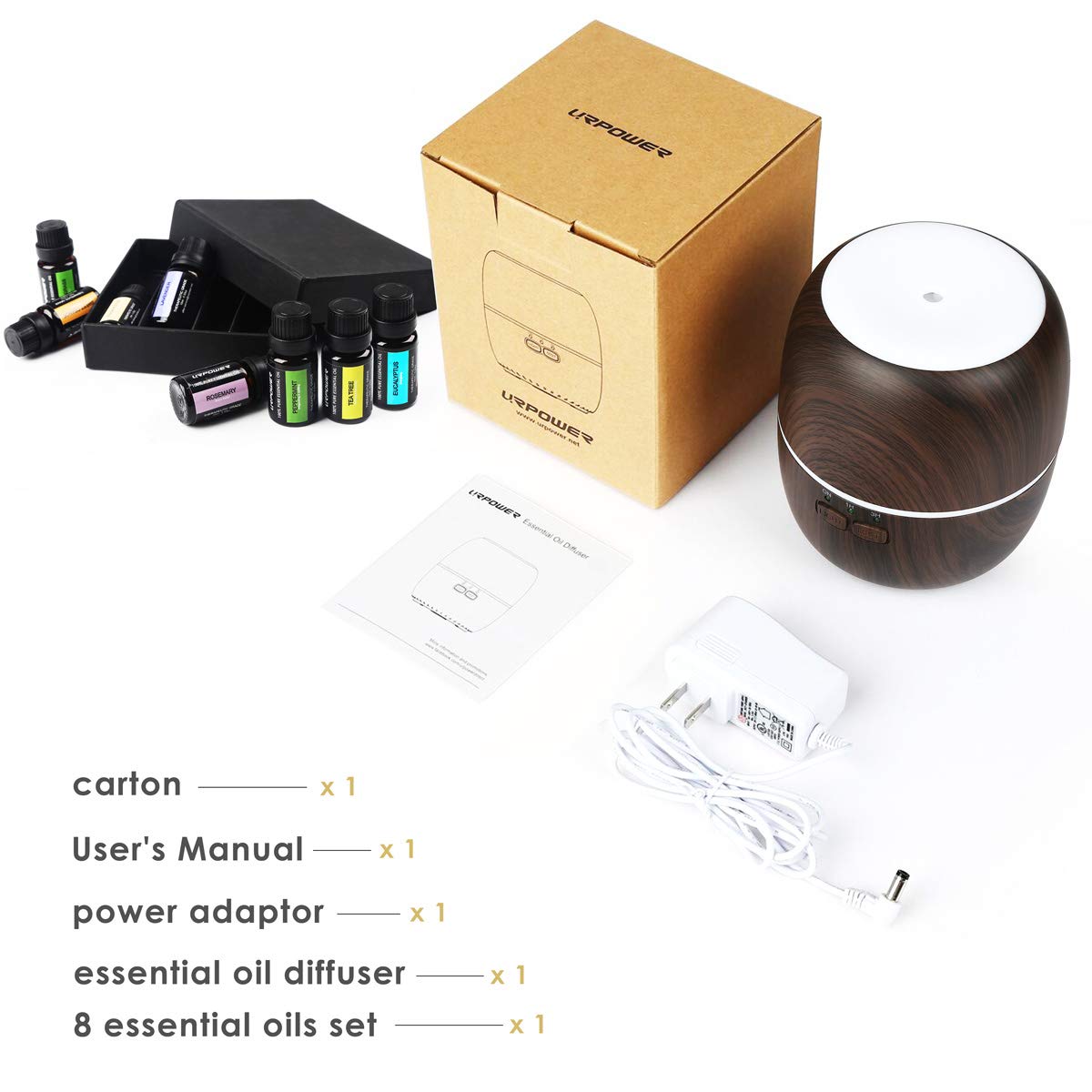 URPOWER Essential Oil Diffuser, 230ml Diffusers for Essential Oils Super Quiet Wood Grain Aromatherapy Oil Diffuser Essential Oils with Adjustable Mist Mode Oil Diffuser Essential Oils for Home Yoga