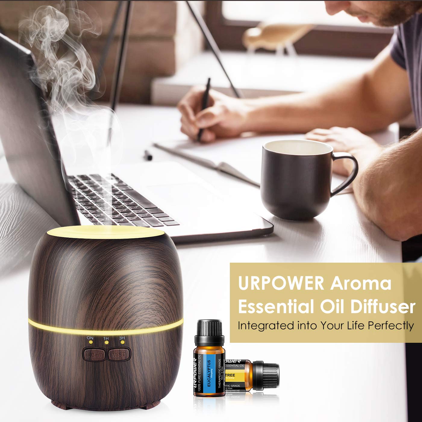 URPOWER Essential Oil Diffuser, 230ml Diffusers for Essential Oils Super Quiet Wood Grain Aromatherapy Oil Diffuser Essential Oils with Adjustable Mist Mode Oil Diffuser Essential Oils for Home Yoga