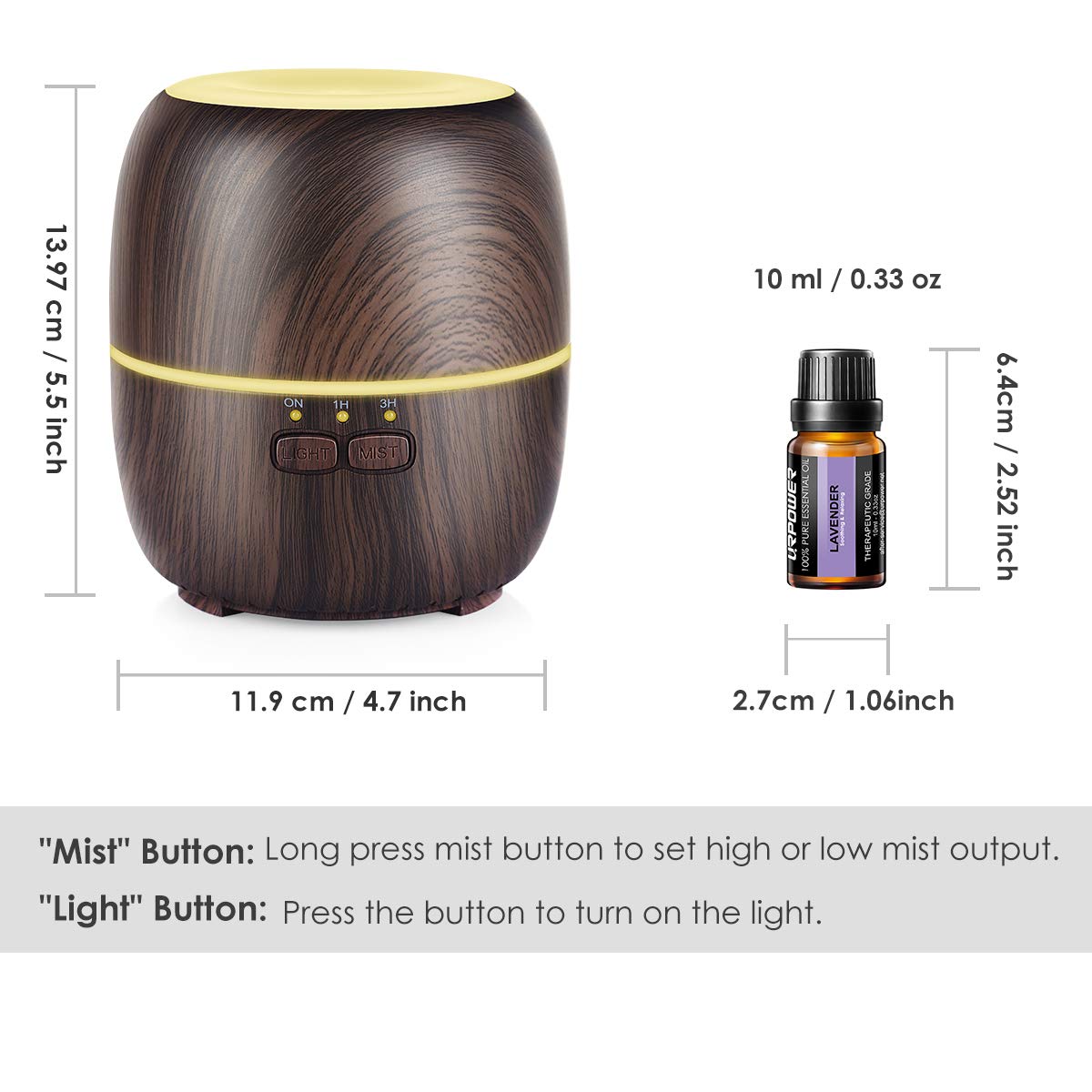 URPOWER Essential Oil Diffuser, 230ml Diffusers for Essential Oils Super Quiet Wood Grain Aromatherapy Oil Diffuser Essential Oils with Adjustable Mist Mode Oil Diffuser Essential Oils for Home Yoga