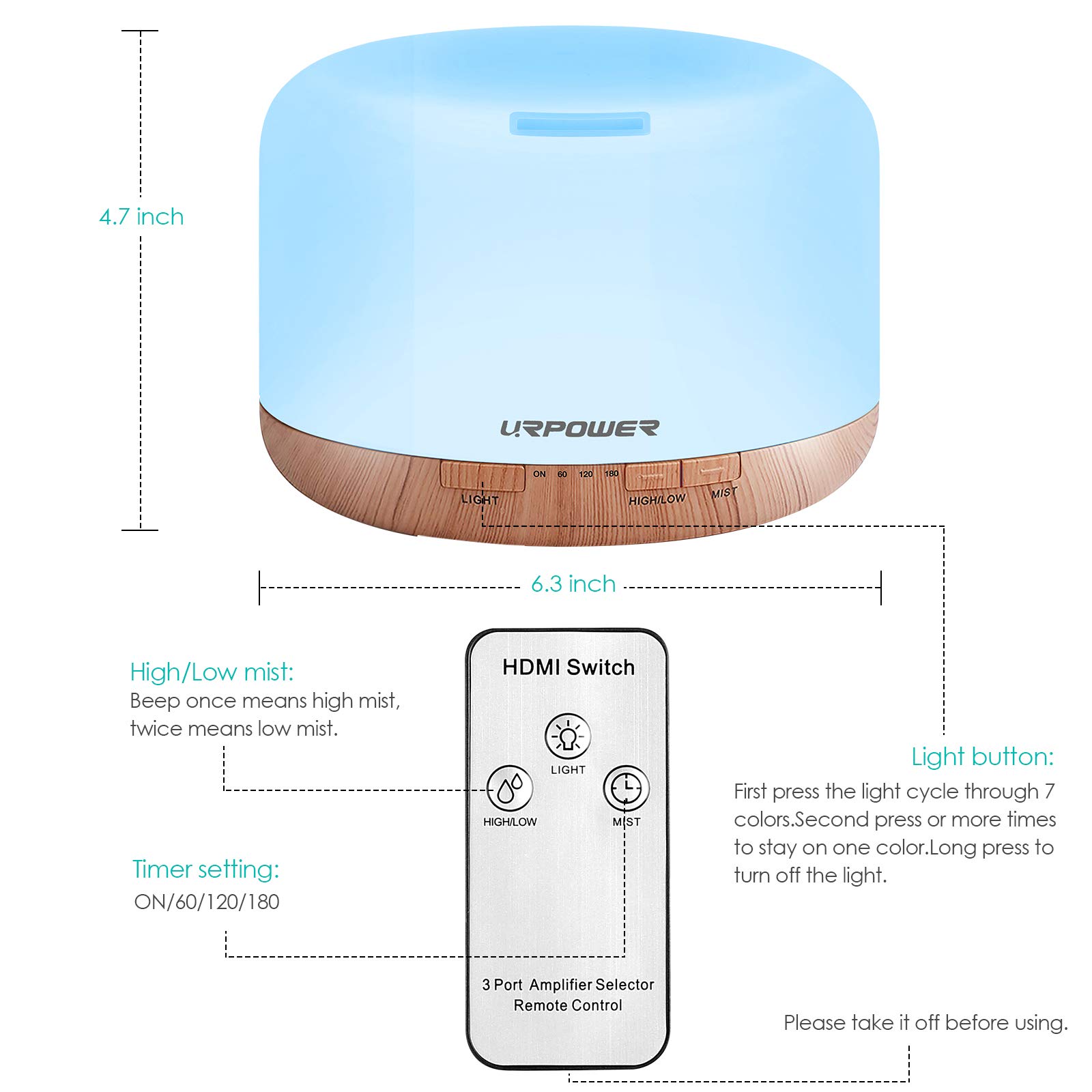 URPOWER 500ml Aromatherapy Essential Oil Diffuser Humidifier Diffusers for Essential Oils Room Decor Lighting with 4 Timer Settings, 7 Color Changing Lamps and Waterless Auto Shut-Off