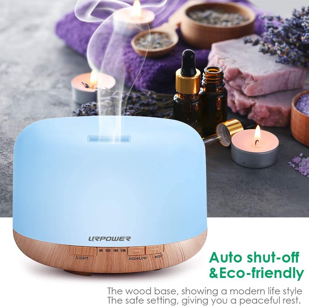 URPOWER 500ml Aromatherapy Essential Oil Diffuser Humidifier Diffusers for Essential Oils Room Decor Lighting with 4 Timer Settings, 7 Color Changing Lamps and Waterless Auto Shut-Off