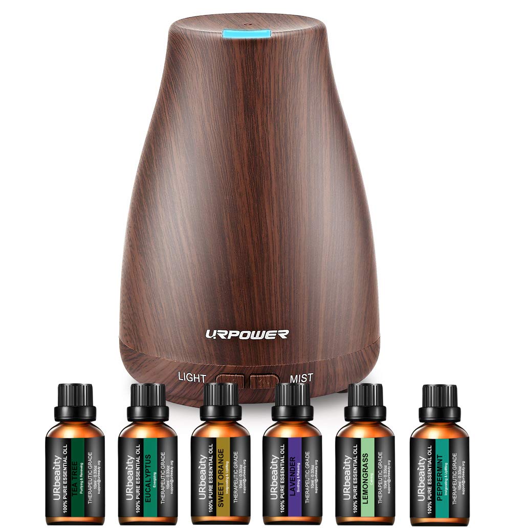 URPOWER Classical Essential Oil Diffuser with 6 Bottles 100% Pure Essential Oils, Gift Set Aroma Cool Mist Humidifier Aromatherapy Oil Diffuser Essential Oils for Home and Office