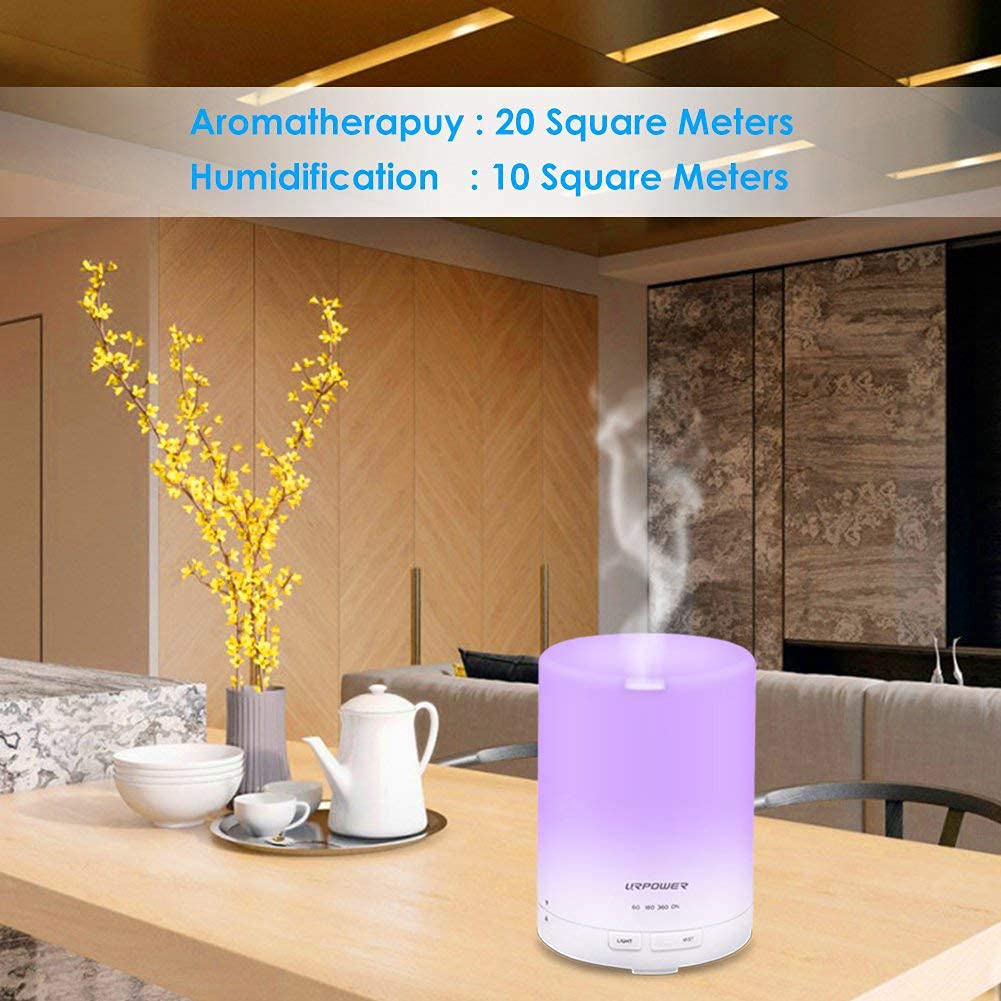 URPOWER 2nd Generation 300ml Aroma Essential Oil Diffuser Ultrasonic Air Humidifier with AUTO Shut Off and 6-7 Hours Continuous Diffusing - 7 Color Changing Lights and 4 Timer Settings