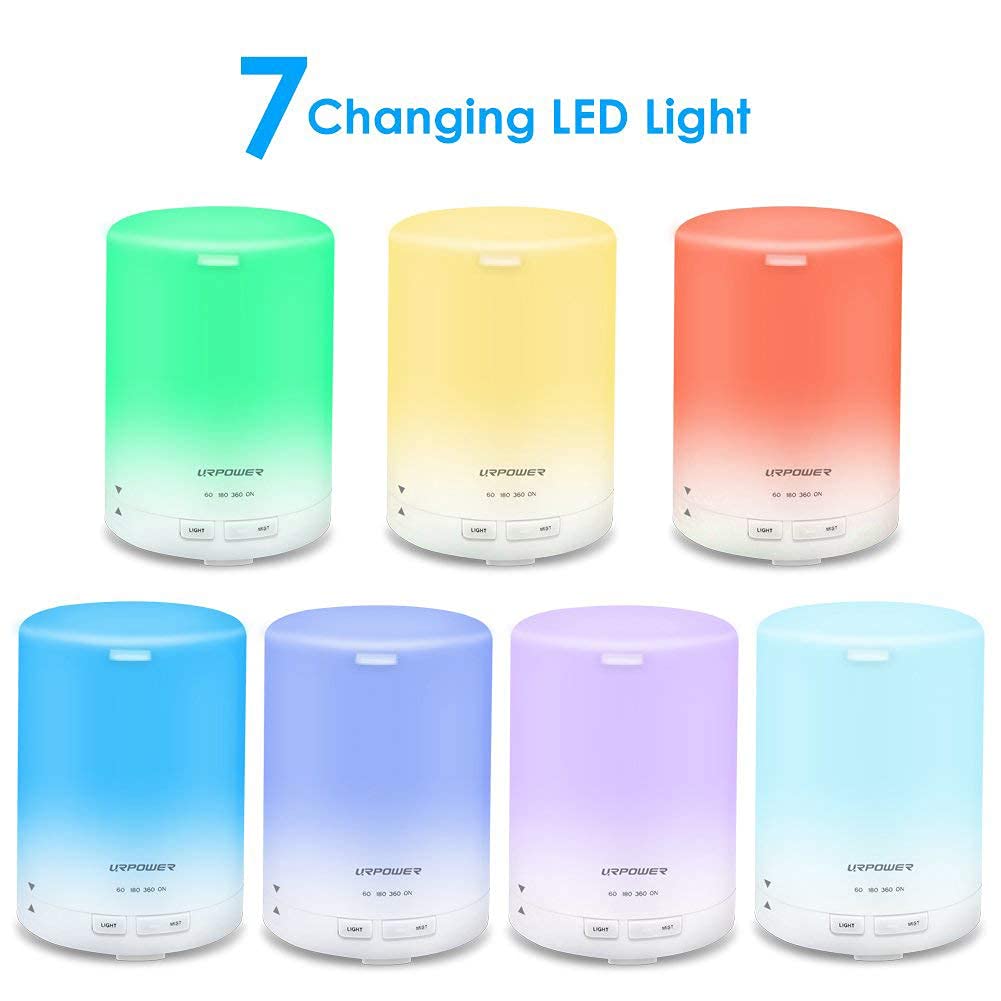 URPOWER 2nd Generation 300ml Aroma Essential Oil Diffuser Ultrasonic Air Humidifier with AUTO Shut Off and 6-7 Hours Continuous Diffusing - 7 Color Changing Lights and 4 Timer Settings