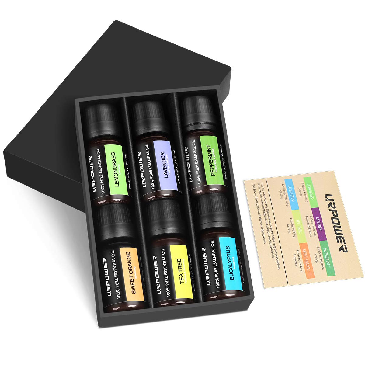 URPOWER Essential Oils, Upgraded 6 Aromatherapy Essential Oil Diffuser Essential Oils 100% Pure Lavender, Peppermint, Sweet Orange, Eucalyptus, Tea Tree, Lemongrass Essential Oil Gift Set 10ml/each