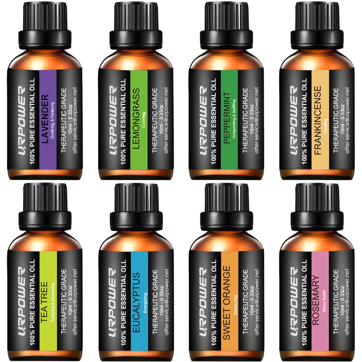 URPOWER Essential Oils Top 8 Aromatherapy Essential Oils 100% Pure Therapeutic Grade Essential Oils Set Lavender/Peppermint/Tea Tree/Orange/Eucalyptus/Lemongrass/Frankincense/Rosemary