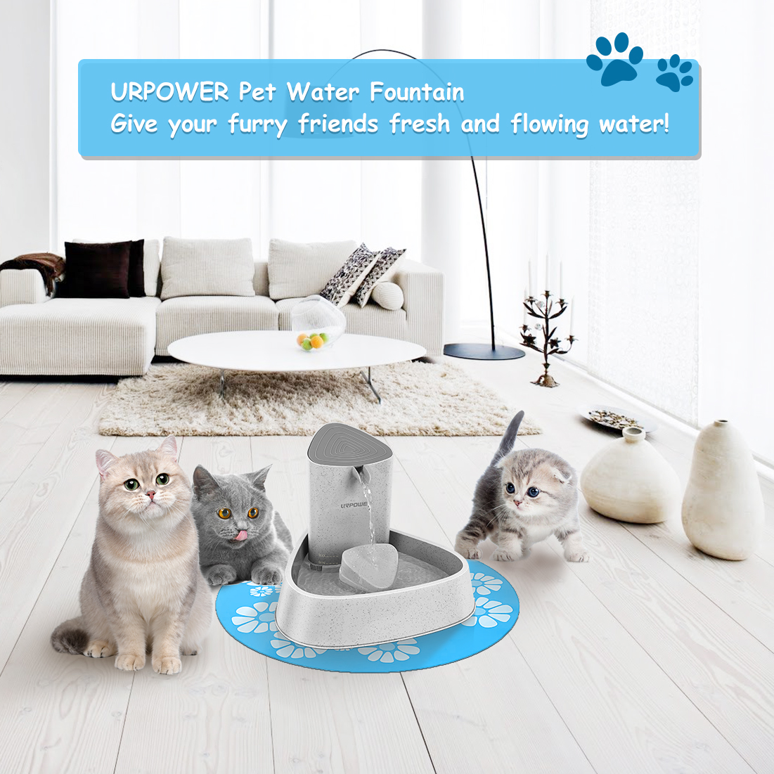 URPOWER Pet Fountain, Upgraded Automatic Cat Fountain Dog Water Fountain Cat Water Dispenser, Adjustable Water Flow Setting Drinking Fountain Cat Bowl for Cats, Dogs, Pets