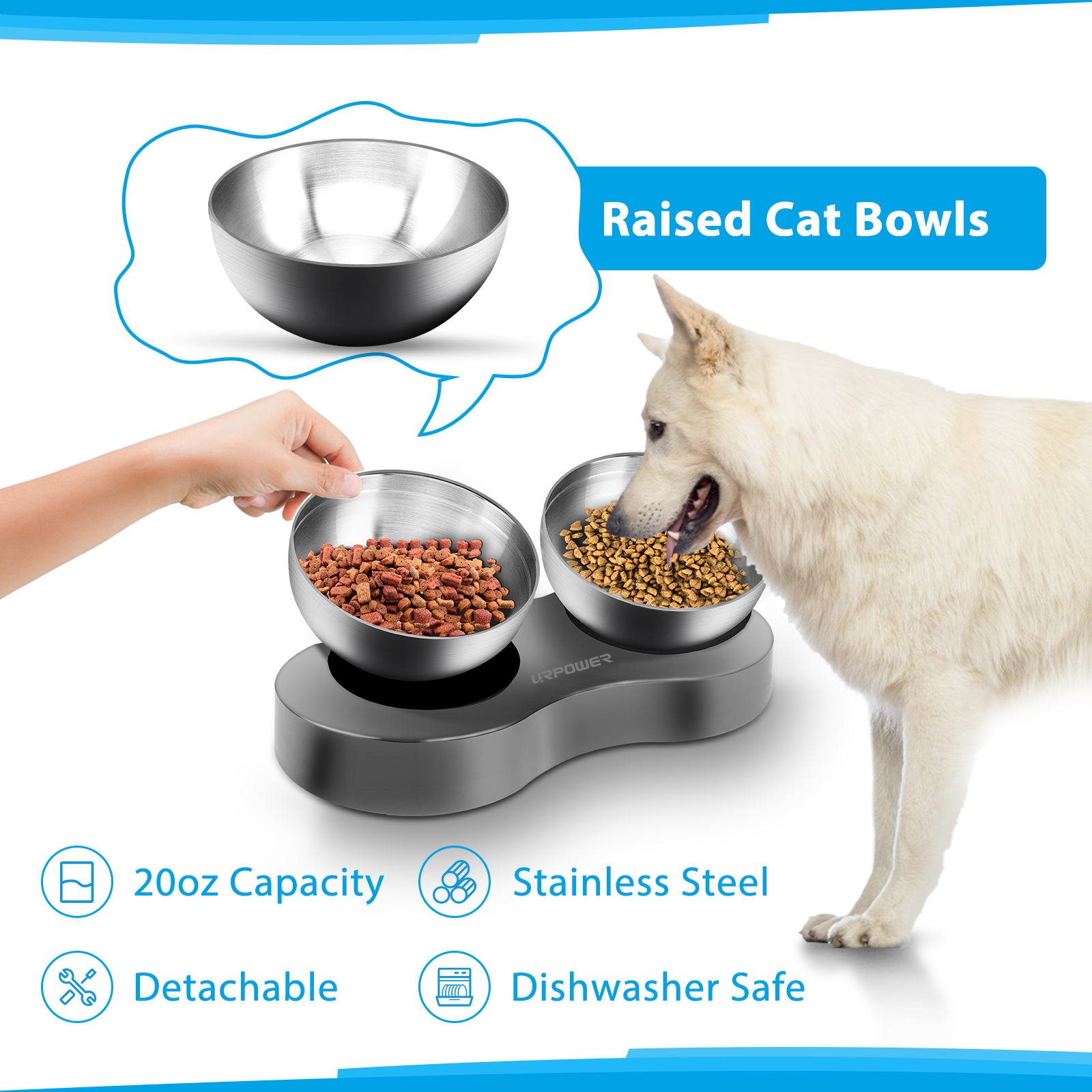 URPOWER Elevated Dog Cat Bowls 20°Tilted Raised Cat Food Bowls with 2 Stainless Steel 20oz Dog Bowls Stress Free Advanced Food Grade Material with Anti Slip Stand Feeding Bowls for Cats, Dogs and Pets