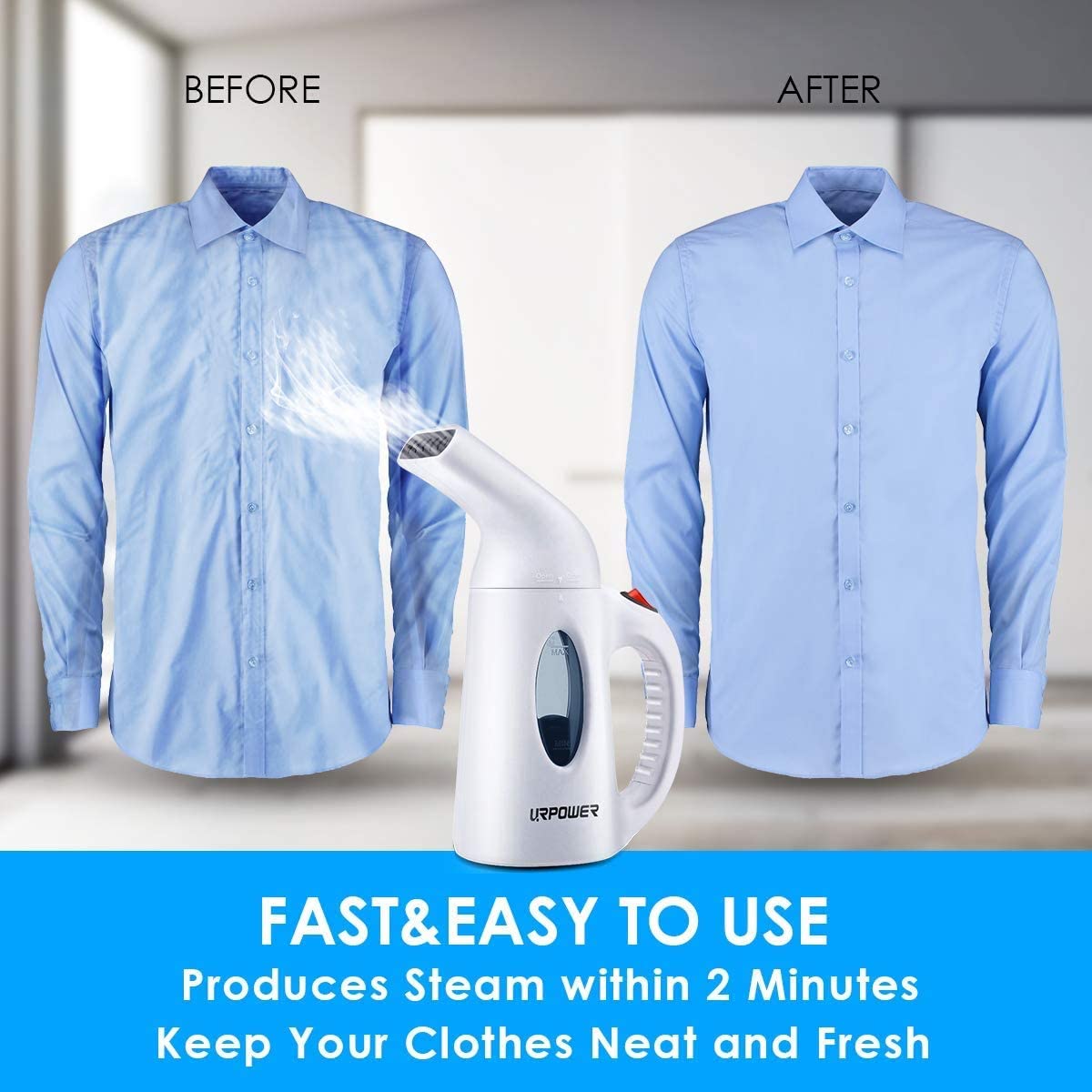 URPOWER Garment Steamer 130ml Portable 7 in 1 Handheld Fabric Steamer Fast Heat-up Powerful Garment Clothes Steamer with High Capacity for Home and Travel, Travel Pouch Included- Not for Abroad