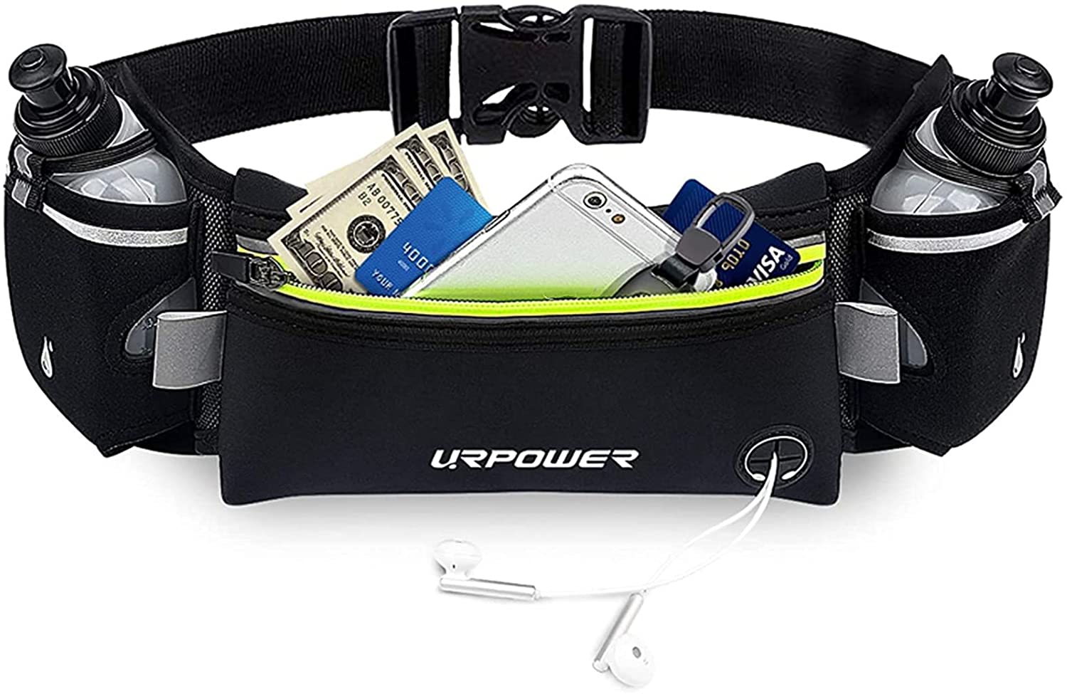 URPOWER Running Belt Multifunctional Zipper Pockets Water Resistant Waist Bag with 2 Water Bottles Waist Pack for Running Hiking Cycling Climbing and for 6.1 inches Smartphones 