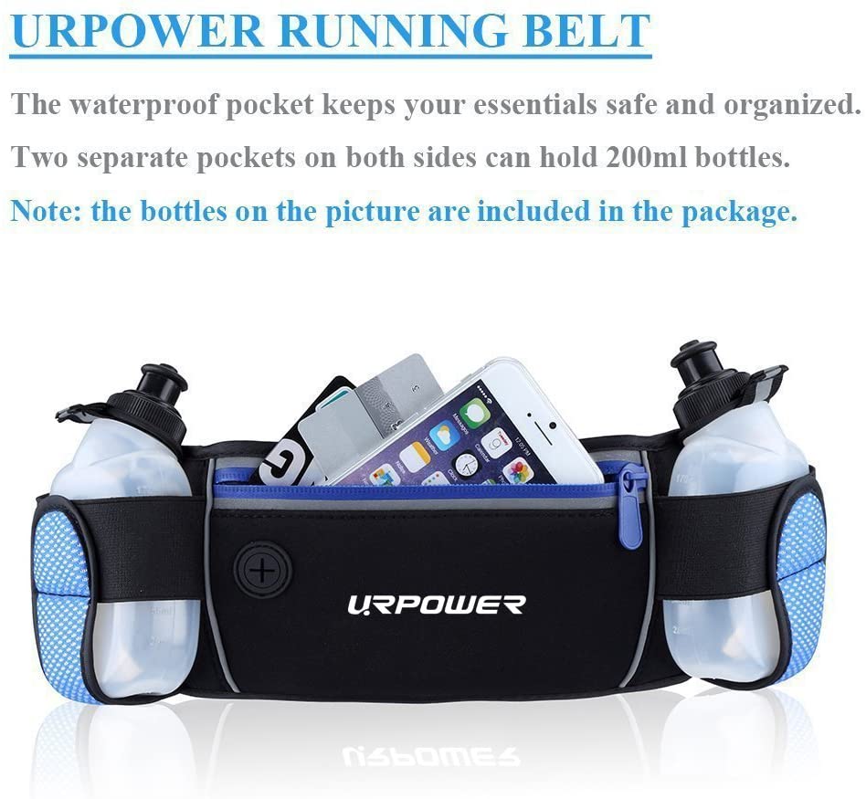 URPOWER Running Belt Multifunctional Zipper Pockets Water Resistant Waist Bag, with 2 Water Bottles Waist Pack for Running Hiking Cycling Climbing and for 6.1 inches Smartphones