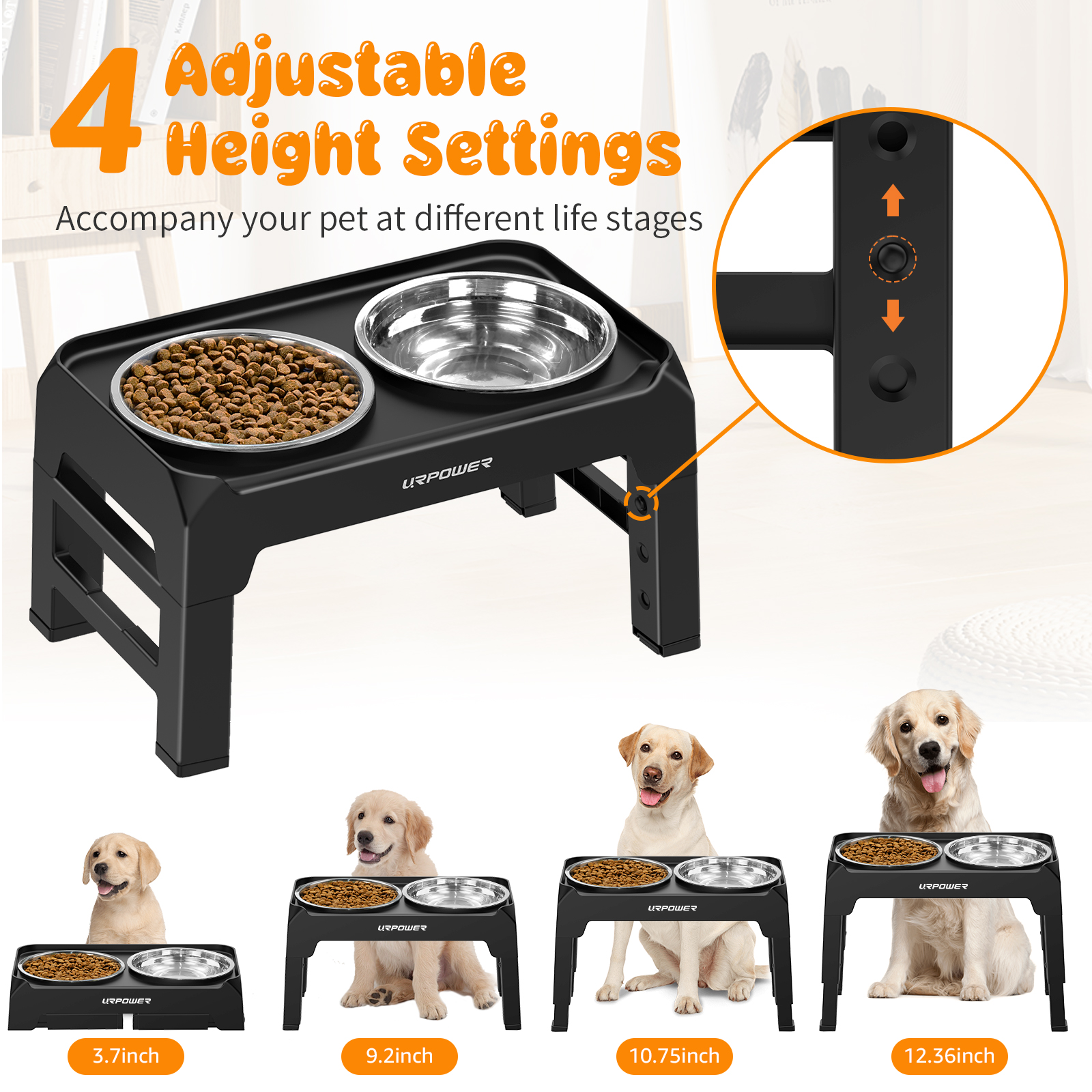 URPOWER Elevated Dog Bowls Adjustable Raised Dog Bowl with 2 Stainless Steel 1.5L Dog Food Bowls Stand Non-Slip No Spill Dog Dish Adjusts to 3 Heights 2.8”, 8”, 12”for Small Medium Large Dogs and Pets