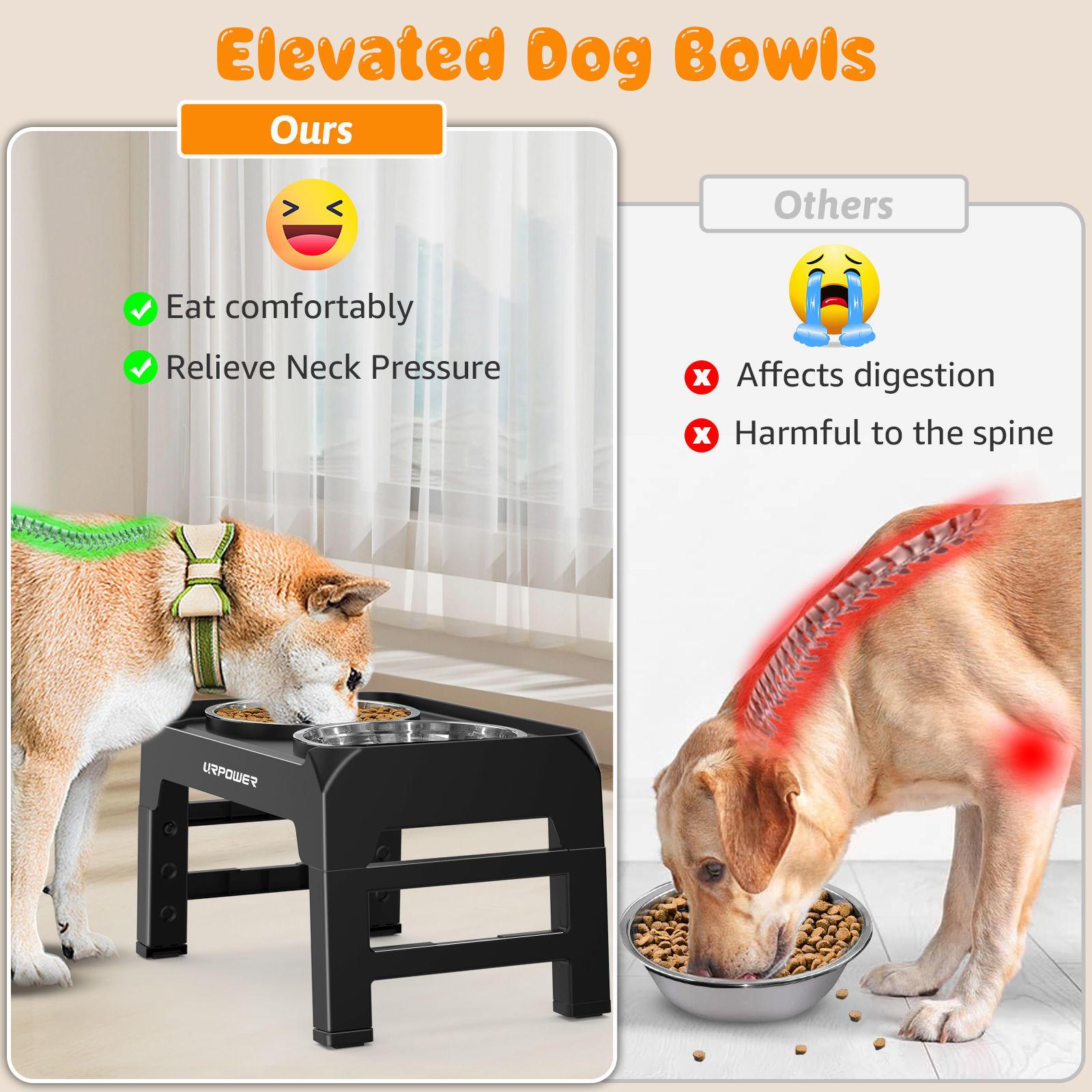 URPOWER Elevated Dog Bowls Adjustable Raised Dog Bowl with 2 Stainless Steel 1.5L Dog Food Bowls Stand Non-Slip No Spill Dog Dish Adjusts to 3 Heights 2.8”, 8”, 12”for Small Medium Large Dogs and Pets