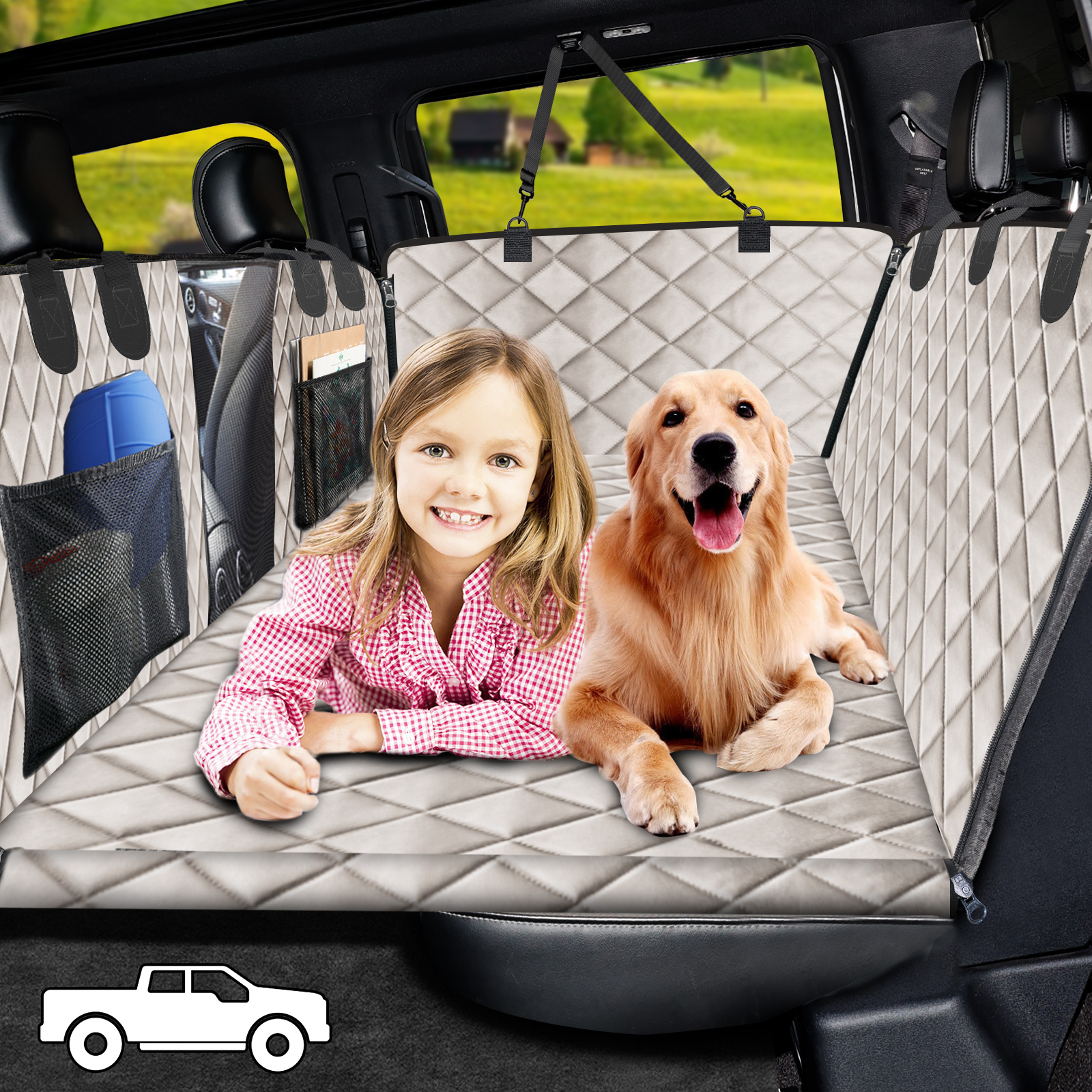 URPOWER XL Dog Back Seat Extender for Crew Cab Truck, Hard Bottom Dog Car Seat Cover Waterproof Dogs Car Hammock Pet Backseat Bed, Pet Truck Accessories for F150 / RAM 1500/ Tundra Crew Cab