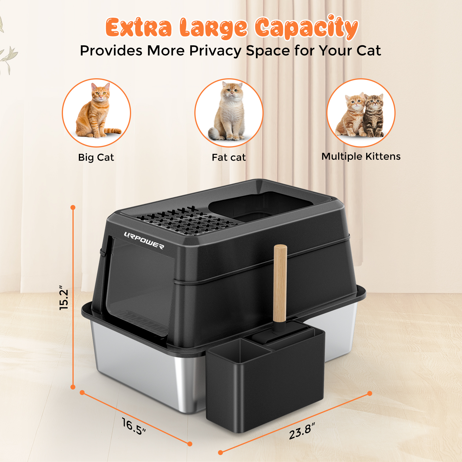 URPOWER Stainless Steel Cat Litter Box with Lid Extra Large Enclosed Litter Box for Cats Non-Sticky Metal Pan with High Sided Enclosure & Scoop, Front & Top Entry, Anti-Leakage, Easy Cleaning