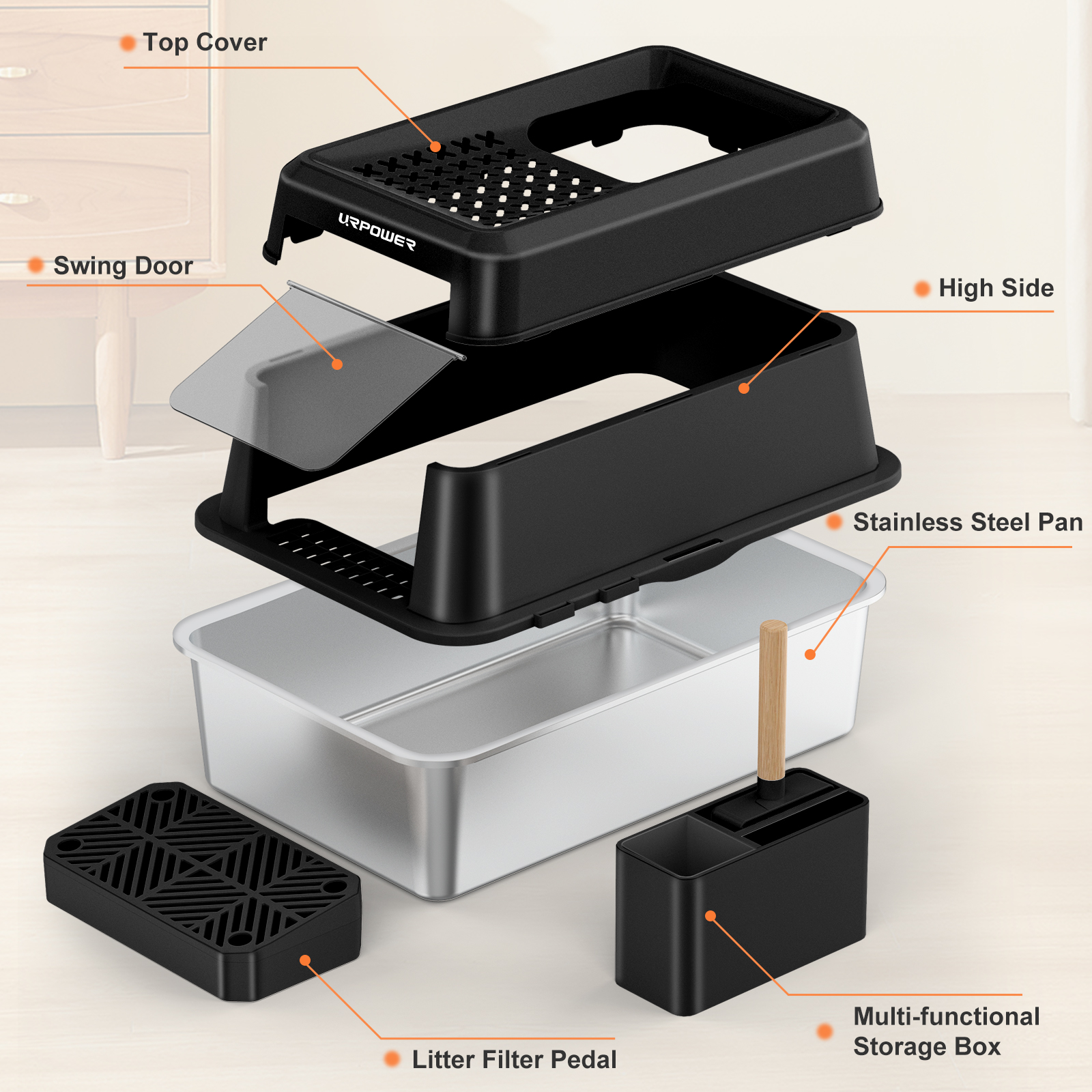 URPOWER Stainless Steel Cat Litter Box with Lid Extra Large Enclosed Litter Box for Cats Non-Sticky Metal Pan with High Sided Enclosure & Scoop, Front & Top Entry, Anti-Leakage, Easy Cleaning