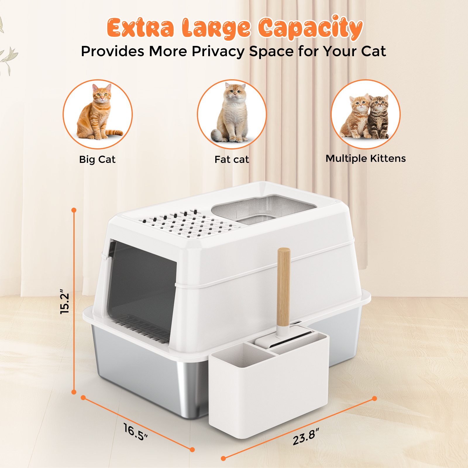 URPOWER Stainless Steel Cat Litter Box with Lid Extra Large Enclosed Litter Box for Cats Non-Sticky Metal Pan with High Sided Enclosure & Scoop, Front & Top Entry, Anti-Leakage, Easy Cleaning