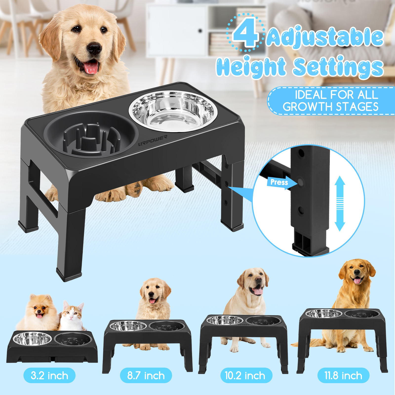 URPOWER Raised Slow Feeder Dog Bowls 4 Height Adjustable Elevated Bowl Stand with Stainless Steel Water Bowl and Slow Feeder Non-Slip Dog Food Bowls Stand for Small Medium Large Dogs and Pets