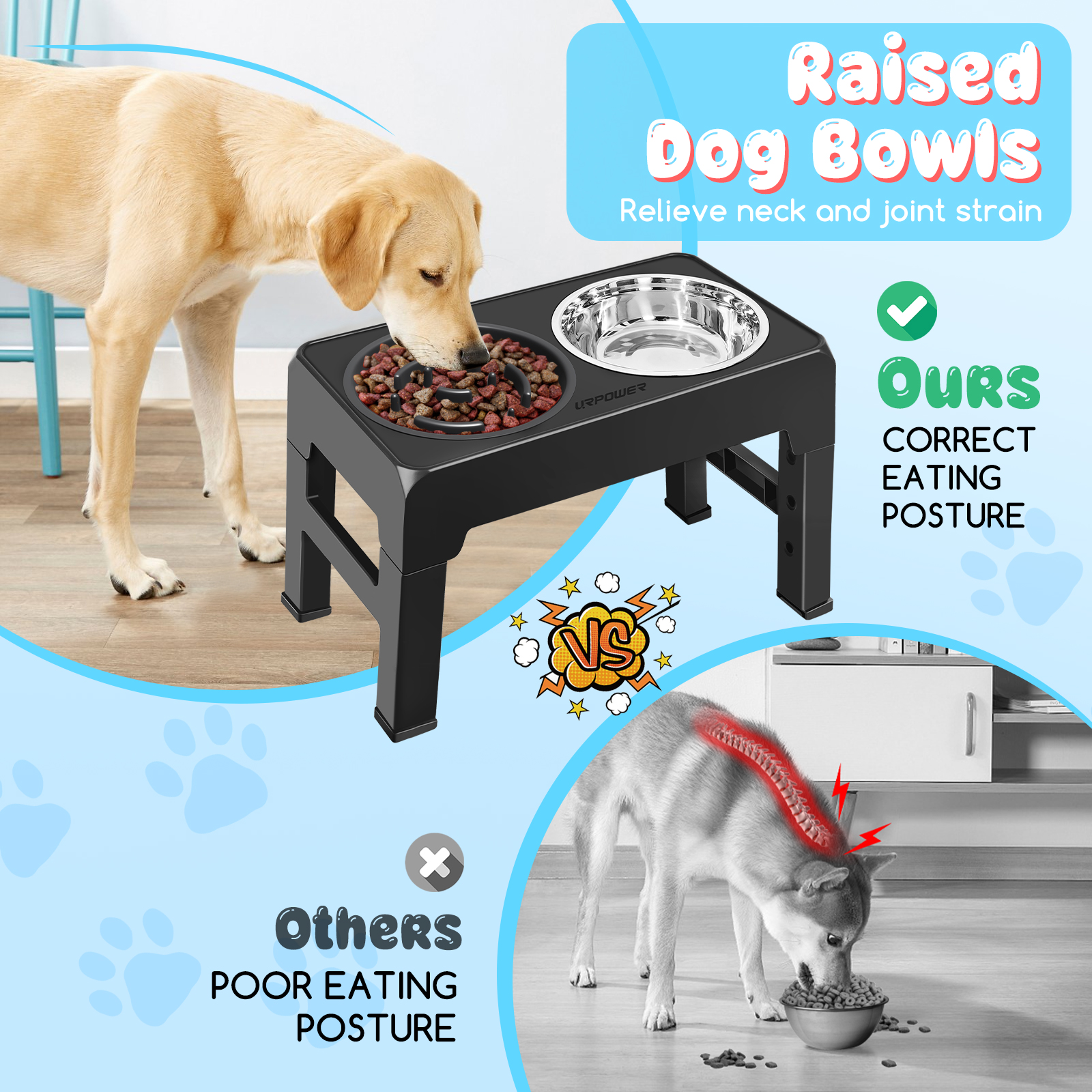 URPOWER Raised Slow Feeder Dog Bowls 4 Height Adjustable Elevated Bowl Stand with Stainless Steel Water Bowl and Slow Feeder Non-Slip Dog Food Bowls Stand for Small Medium Large Dogs and Pets