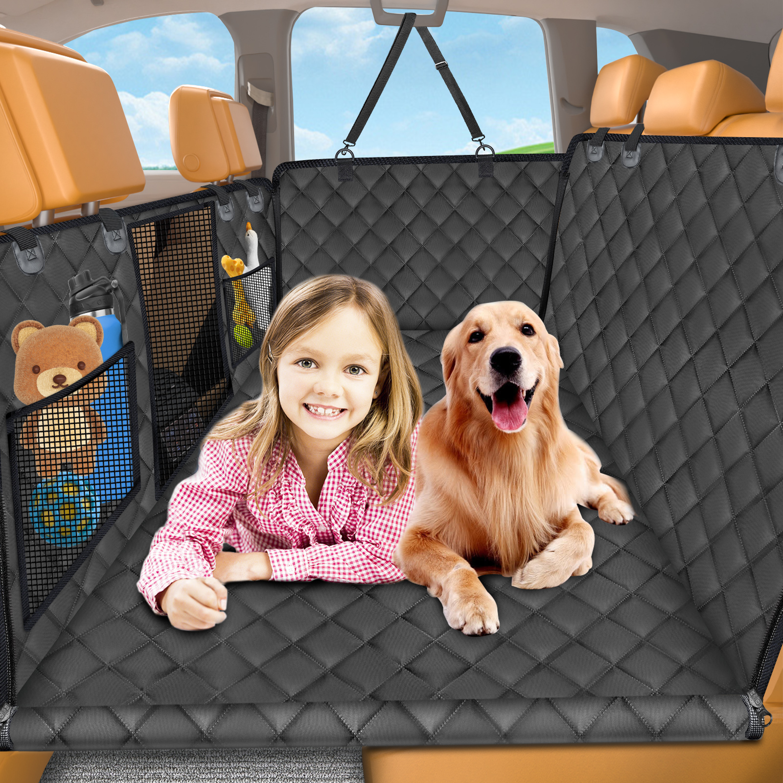 URPOWER Back Seat Extender for Dogs - Hard Bottom Dog Car Seat Cover Holds 420 lbs, Waterproof Dog Hammock Dogs Bed for Cars, SUVs & Small Trucks, Pet Backseat Protector with Mesh Window & Large Space