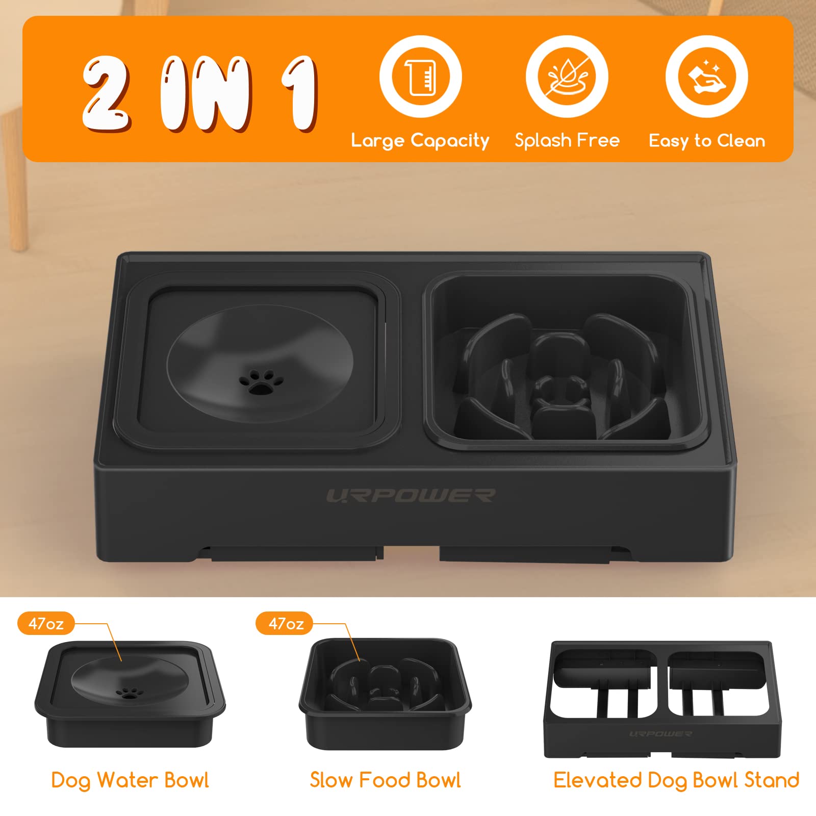 URPOWER 2-in-1 Elevated Slow Feeder Dog Bowls with No-Spill Water Bowl, 4 Height-Adjustable Raised Dog Bowls, Non-Slip Food and Water Bowls with Stand for Small, Medium, Large Dogs, Cats and Pets