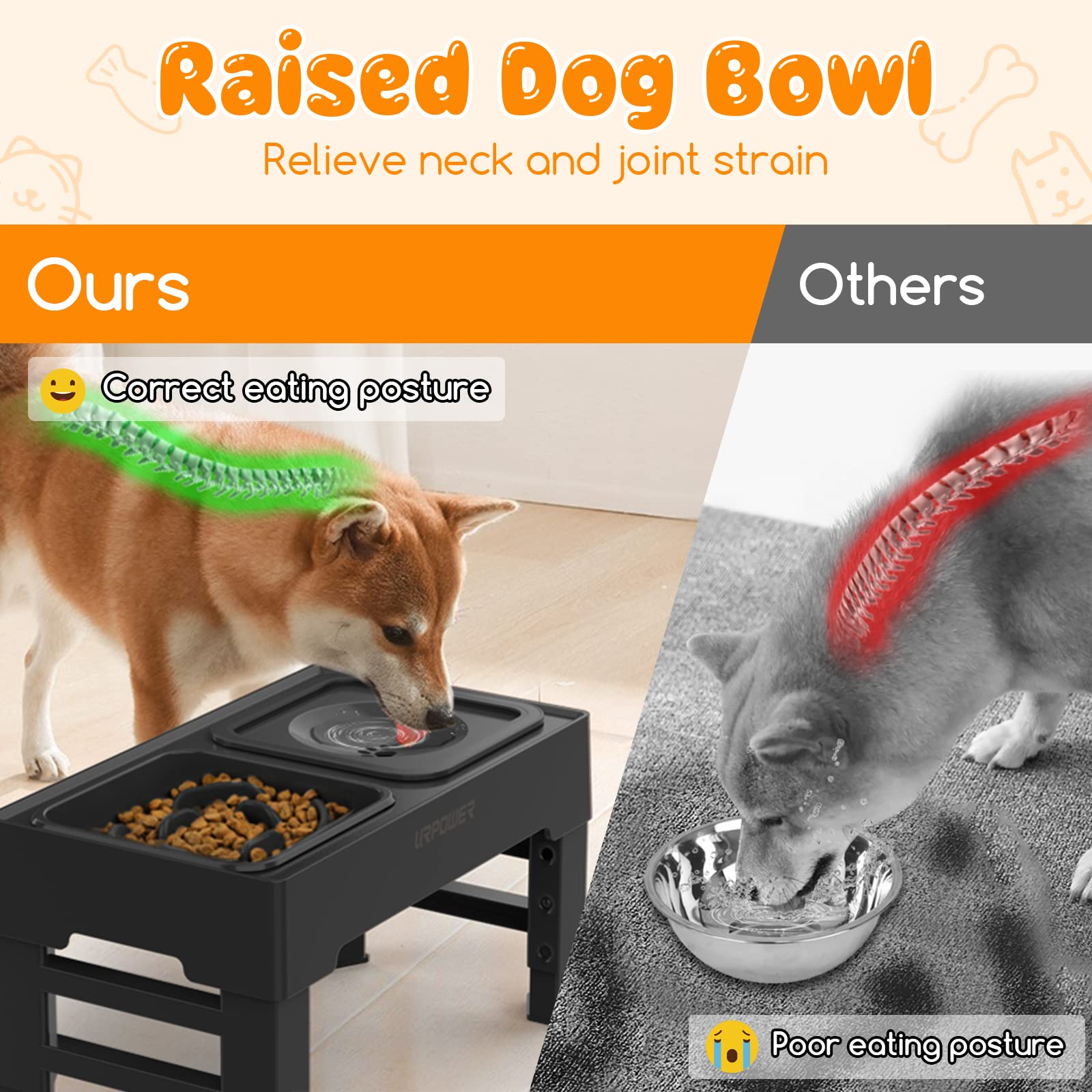 URPOWER 2-in-1 Elevated Slow Feeder Dog Bowls with No-Spill Water Bowl, 4 Height-Adjustable Raised Dog Bowls, Non-Slip Food and Water Bowls with Stand for Small, Medium, Large Dogs, Cats and Pets