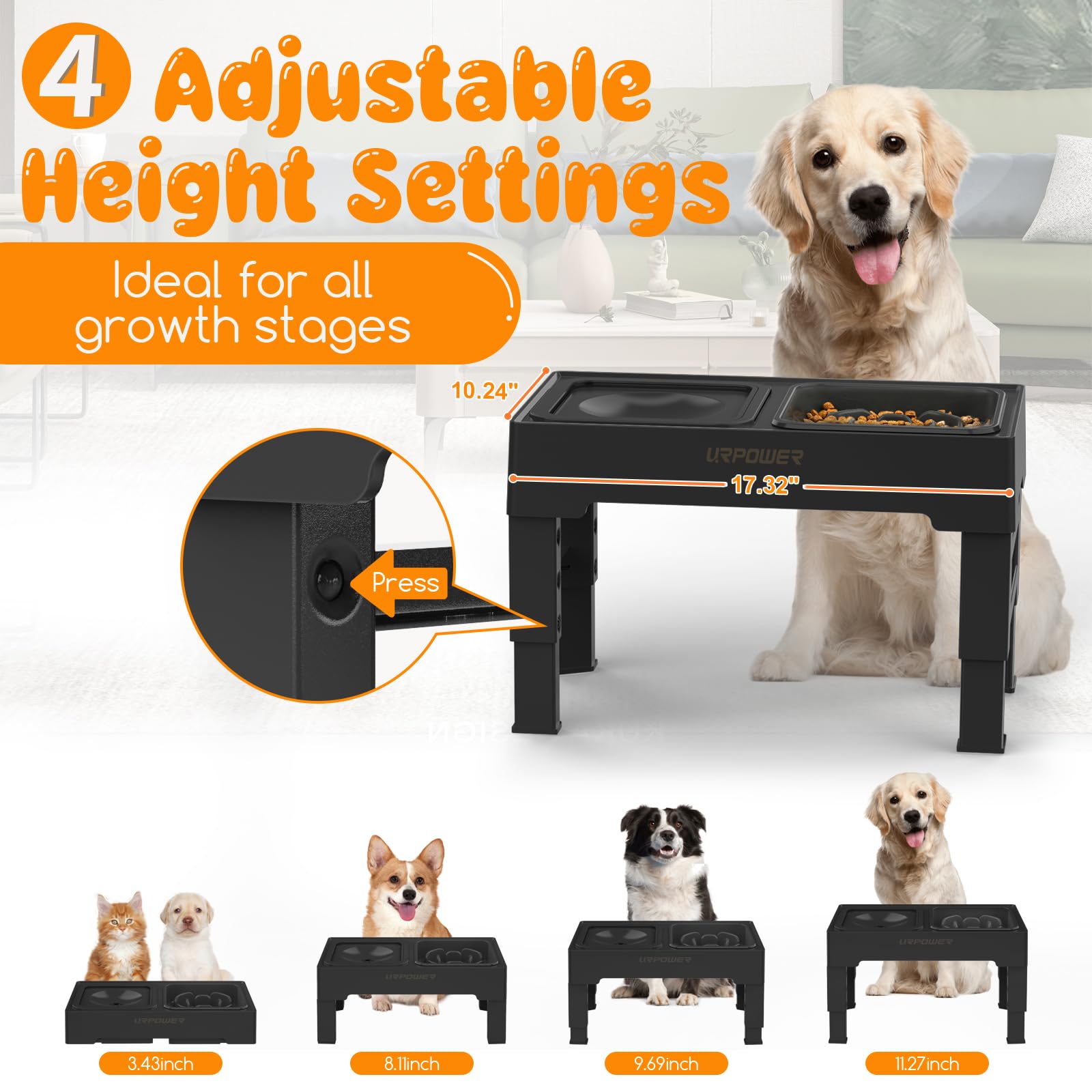 URPOWER 2-in-1 Elevated Slow Feeder Dog Bowls with No-Spill Water Bowl, 4 Height-Adjustable Raised Dog Bowls, Non-Slip Food and Water Bowls with Stand for Small, Medium, Large Dogs, Cats and Pets