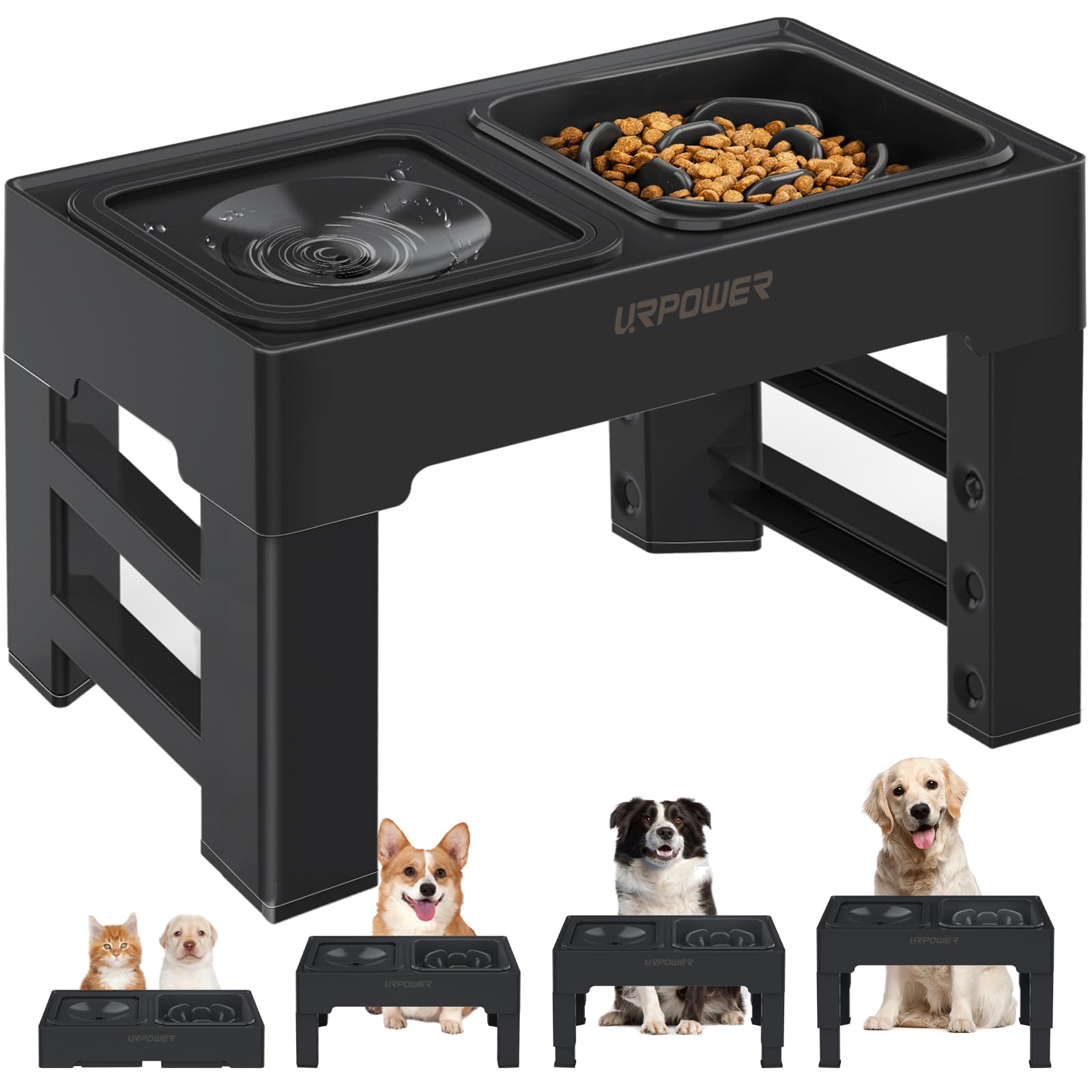 URPOWER 2-in-1 Elevated Slow Feeder Dog Bowls with No-Spill Water Bowl, 4 Height-Adjustable Raised Dog Bowls, Non-Slip Food and Water Bowls with Stand for Small, Medium, Large Dogs, Cats and Pets