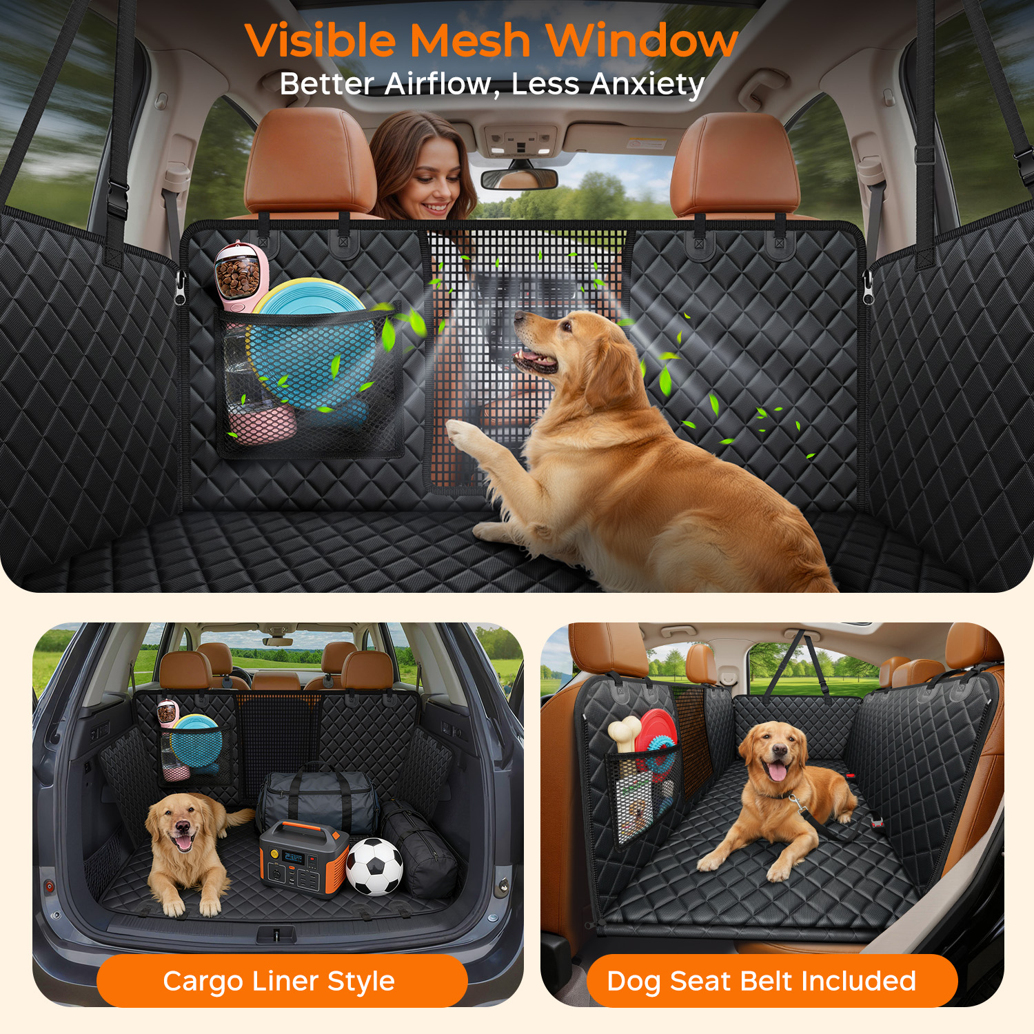 URPOWER XL Dog Backseat Extender for Full-Size Crew Cab Truck, Hard Bottom Dog Car Seat Cover for Back Seat Holds 400lbs, Waterproof Dog Hammock Pet Rear Seat Protector Travel Bed for F150 / Silverado