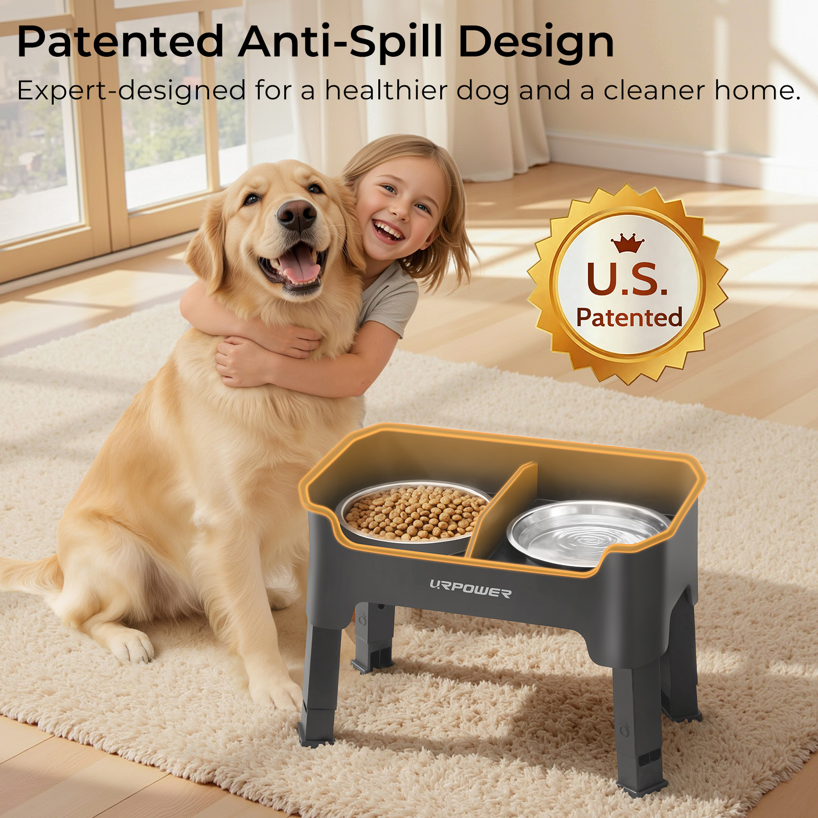 URPOWER Mess Proof Elevated Dog Bowls, Splash Guard Raised Bowl Stand